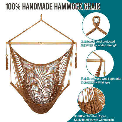 JoyView Hammock Chair with Spreader Bar Caribbean Hammock Swing Chair 300 LBS Weight Capacity XL Rope Hanging Chair for Outdoor Indoor Garden Yard - Brown