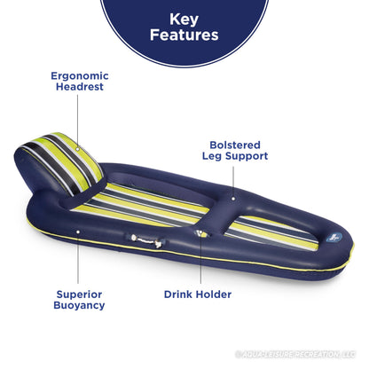 Aqua Luxury Pool Float Lounge – Extra Large – Heavy Duty, Inflatable Pool Floats for Adults with Headrest, Backrest, Footrest & Cupholder – Navy/Green/White Stripe