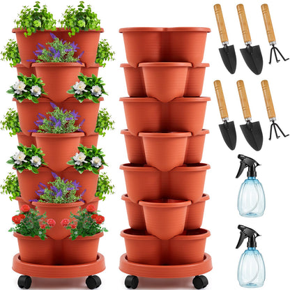 Umigy 2 Set Clay Red 7 Tier Stackable Vertical Planters with Removable Wheels and Tools Tower Planters Strawberry Herb Flower Vegetable Pots Indoor Outdoor Gardening Pots