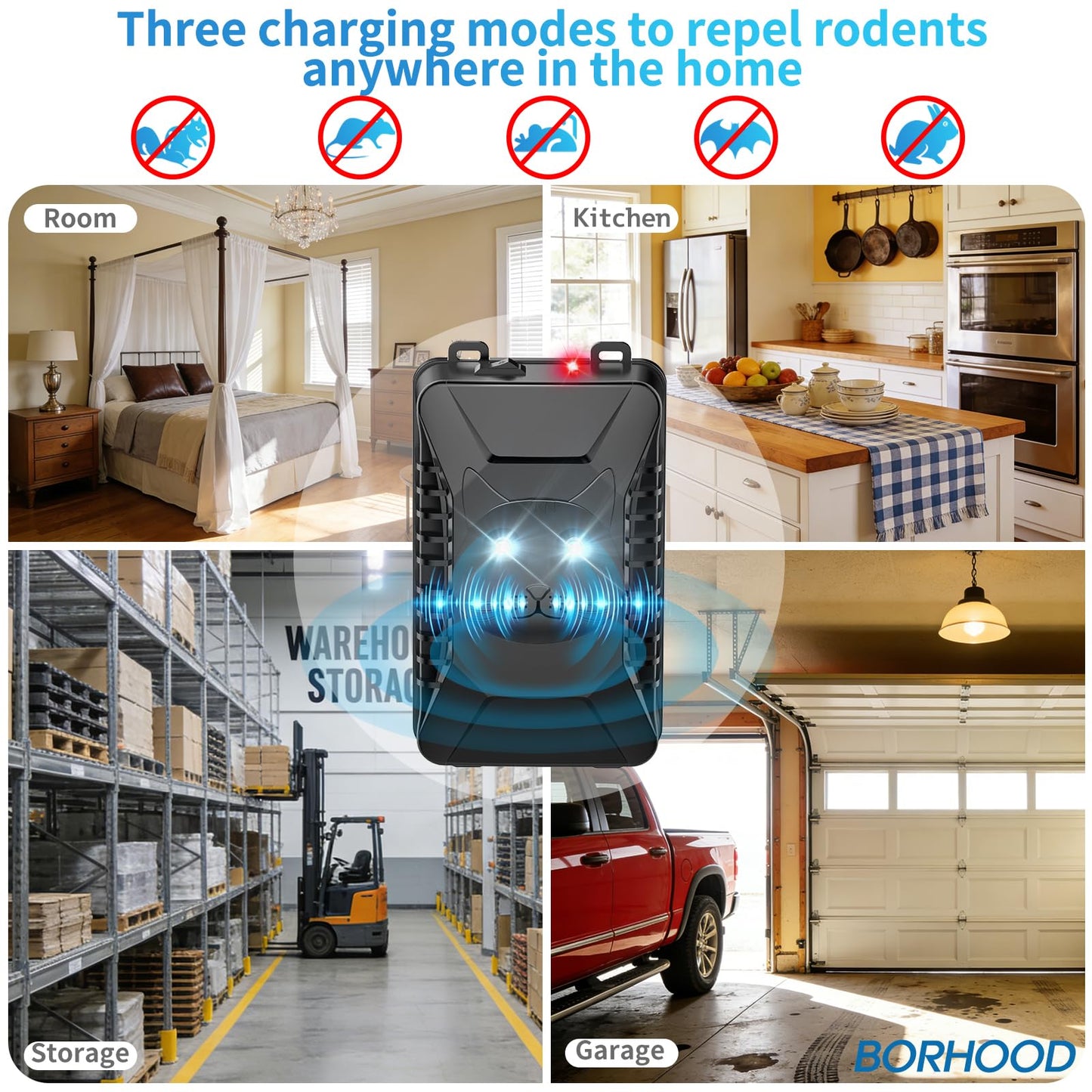 BORHOOD Ultrasonic Rodent Repellent, 2 Pack Plug-in Mouse Rat Pest Bat Squirrels Repellent for Car with Battery Powered Under Hood, Keep Mice Out of Cars Engines, Indoor, Garage, Storage Room-Black