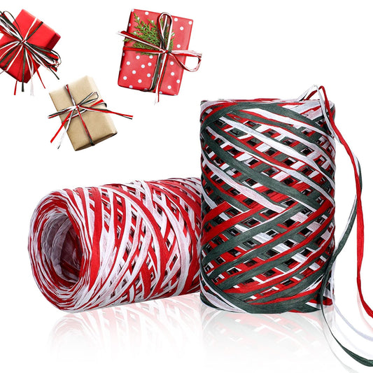 2 Rolls Christmas Raffia Ribbon, 656 Feet Colored Matte Raffia Paper Ribbon Packing Twine Decor Red Green White Natural Raffia for Craft Gift Wrapping DIY Crafts Holiday Decoration