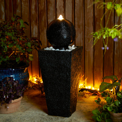 Glitzhome Outdoor Water Fountain with LED Light, Decorative Black Pedestal Water Fountains with Submersible Pump, Modern Sphere Floor Fountain with Pebbles for Garden Patio Decor Porch, 31.75”H