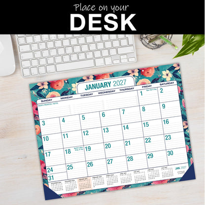 Desk PAD: 22" x 17" Large Print Desk Pad Calendar, APR 2026 - DEC 2027, 21 Months, (Teal Floral)