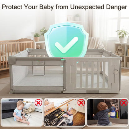 Funyoo 71" ×59" Baby Playpen with Gate, Large Baby Play Pen for Babies and Toddlers, Infant Fence Play Yard with Door for Living Room, Anti-Fall, Breathable Mesh