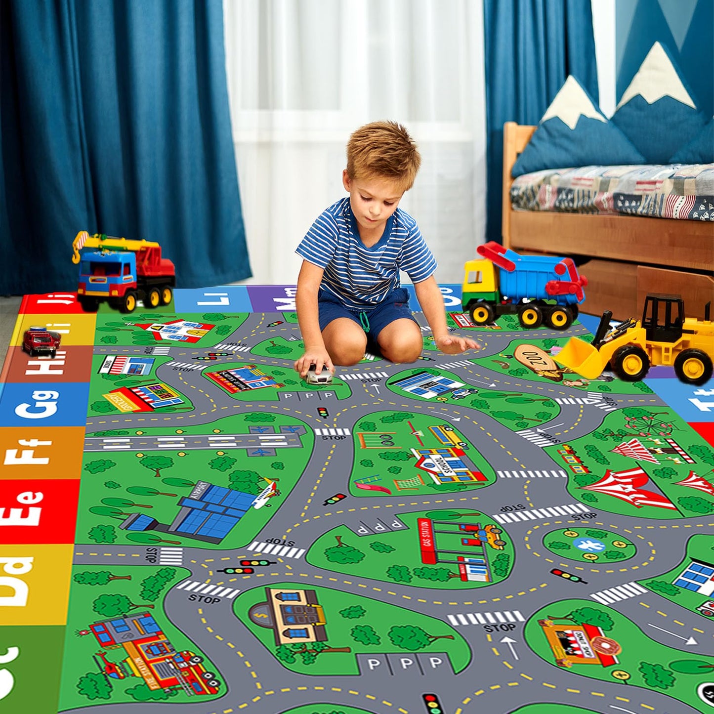 Kids Play Mat, Super Soft Car Track Rug, ABC and Shapes Educational Playmat, Non-Slip City Road Traffic Carpet Nursery Rugs for Playroom Bedroom Boys, Children Play Area Rug