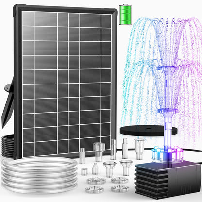 Antfraer 8W Solar Fountain Pump Built-in 3600mAh Battery & LED Lights, Solar Powered Water Pump with Double-Layer Nozzle & 5ft Tubing, Solar Water Fountain For Bird Bath Pond Garden DIY Water Features