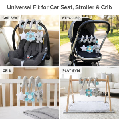 Car Seat Toys Spiral Hanging Elephant, Baby 0-6-12 Months Newborn, Carseat Hanging for Stroller Toys & Crib Hanging, with Rattle BB Squeaker Mirror, Baby Car Seat for Babies Boy Girl