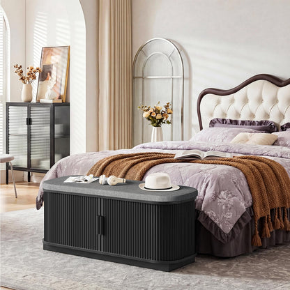 CHOEZON Shoe Storage Bench, Entryway Bench with Storage, Shoe Bench with Cushion and Sliding Door, Fluted Storage Bench, Entry Bench for Entryway, Hallway, Living Room, Bedroom, Black and Gray MHX02BB