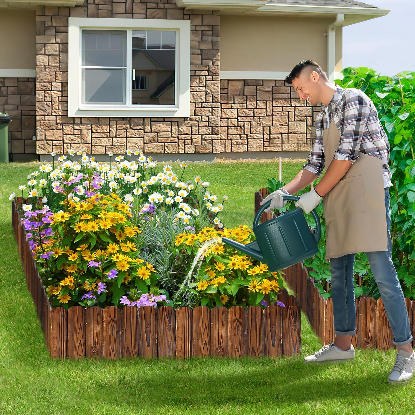 Rustic Pine Wood Garden Fence - 26.2ft Total Length (2pcs 13.1ft L*12in H) Easy to Install Sturdy Wooden Landscape Edging Border, No Fading Planter Fencing for Yard Flower Bed Lawns Pathway Tree