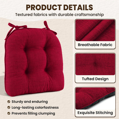 downluxe Indoor Chair Cushions for Dining Chairs, Tufted Overstuffed Textured Kitchen Chair Pads with Ties and Non-Slip Backing, 15.5" x 15.5" x 4", Red, 6 Pack