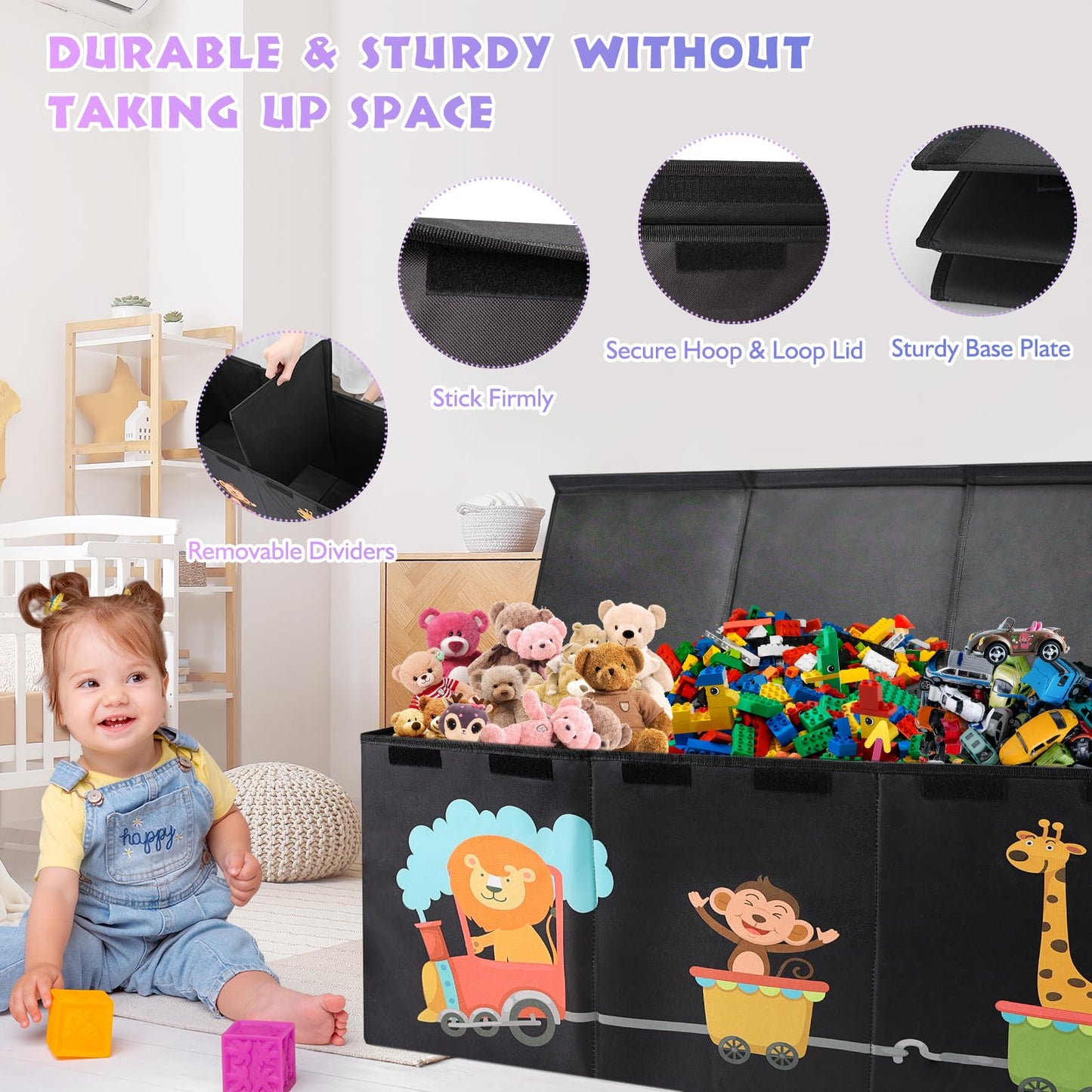 Maxuni XL Toy Box - Toy Storage Bins with lids, Collapsible Toy Chest for Boys Girls, Kids Big Toy Organizer with Adjustable Dividers for Living Room Area, Playroom, Bedroom，38"x16"x14"