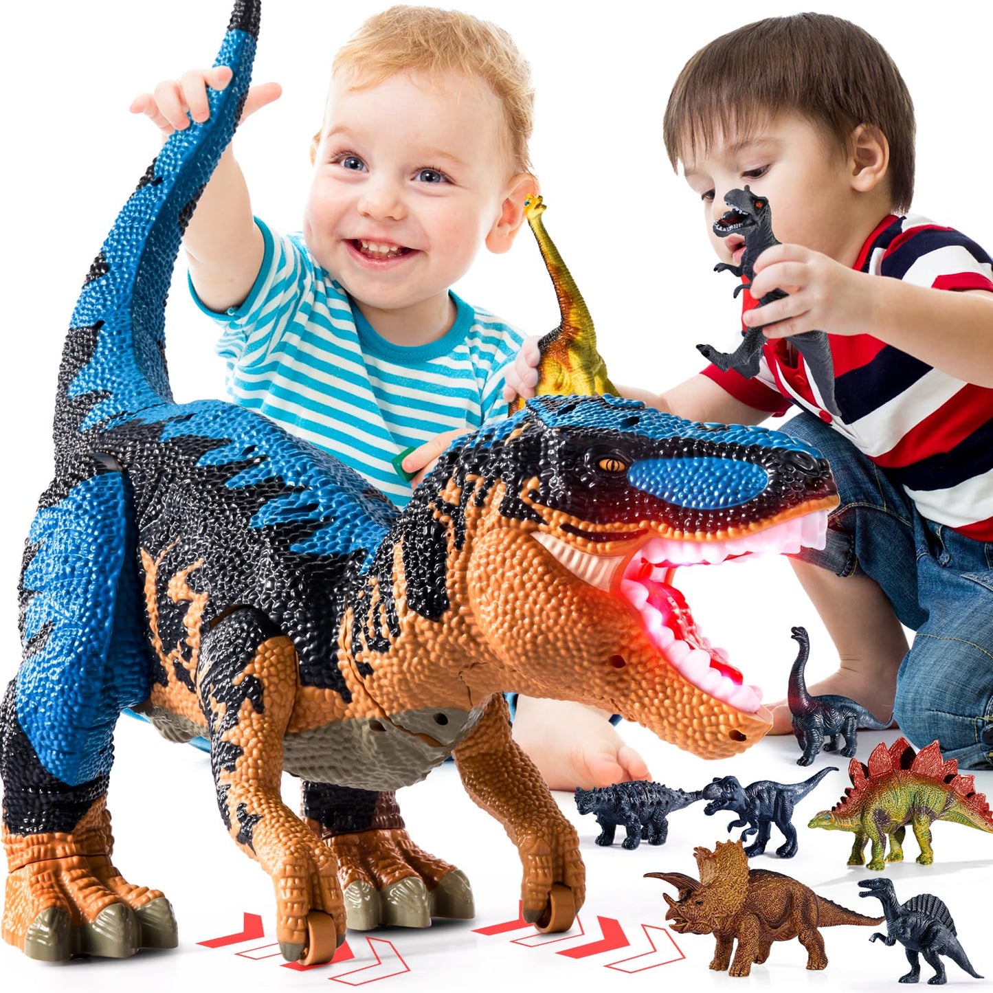 BLmukce 24" Large Dinosaur Toys for Kids 3-5, Big Dinosaur Tyrannosaurus rex Figure Toy with 10+ Dinosaurs Belly Storage, Gliding Wheels, Lights Sounds & Mist Spray – T-Rex that eats Toy for Boys Gift