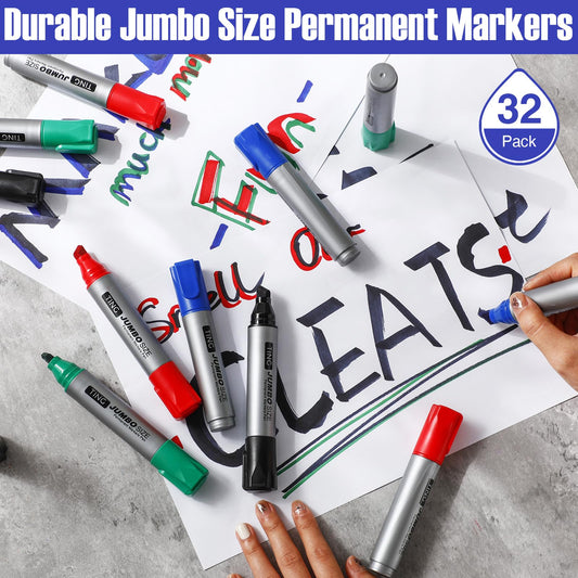 Fuutreo 32 Pcs Jumbo Permanent Markers Bulk Large Chisel Tip Permanent Markers Waterproof Jumbo Pens Quick Drying Office Supplies(Black, Green, Blue, Red)