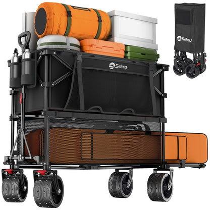 Sekey 500LBS Heavy Duty Double Decker Wagon with Extender, 400L Large Capacity Collapsible Garden Cart Fits 10x10 Canopy, All-Terrain Big Wheels with Brakes, Foldable Utility Wagon for Sports, Camping