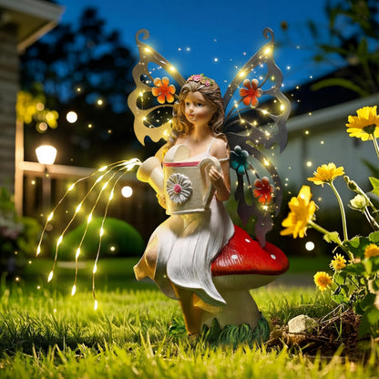 Cinnvoice 9. 8'' H Fairies Garden Figurines Garden Accessories Butterfly Wing Fairy Figurine Mushroom Decor Solar Luminous Watering Can Resin Statue for Outdoor Indoor Patio Yard Home Decorations