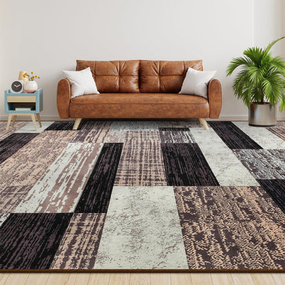 Large Area Rugs,Modern Geometric Patchwork Floor Decor for Bedroom Aesthetic Carpet, Rockwood Collection, Indoor Rugs for Living Room Dining Room Nursery Office Machine Washable Rug, 5x8 Ft Chocolate
