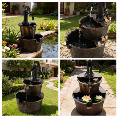 3-Tier Freestanding Rustic Barrel Waterfall Fountain,40-Inch Wood Outdoor Water Fountain with Pump for Garden,Patio, Backyard and Porch
