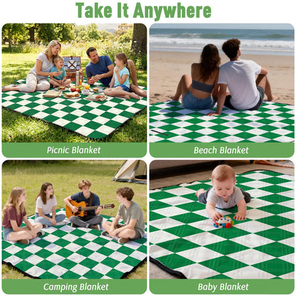 Doonly Picnic Blanket, 78" x 78" Large Waterproof Sandproof Beach Blanket, Foldable Outdoor Blanket Gingham Picnic Mat for Beach, Camping, Park, Grass, Lawn, Travel (Green)