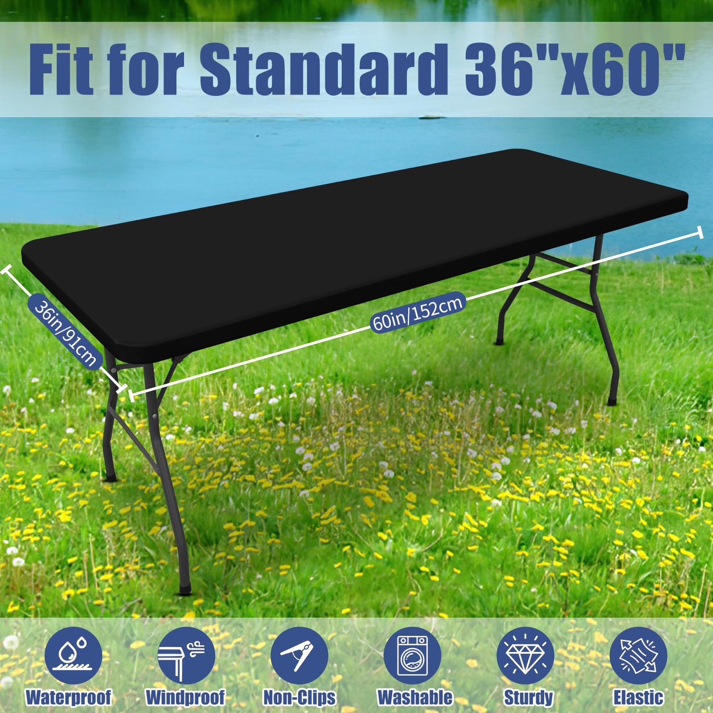 Moosfor Spandex Rectangle Table Cloth 4 Pack, Elastic Fitted Tablecloths for Picnic, Stretch Washable Patio Table Cover for Outdoor, Camping, Banquet and Parties (Black, 36"x60")