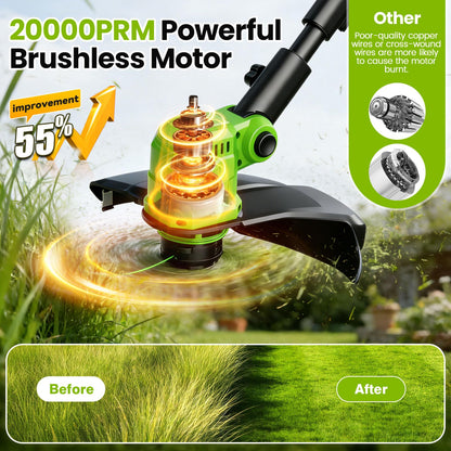 14" Electric String Trimmer Cordless Battery Powered Weed Eater with Wheel, 3-in-1 Cordless Grass Trimmer/Electric Weed Wacker/Edger, Weed Trimmer with 8 Replacement Spools for Garden, Lawn (Green)