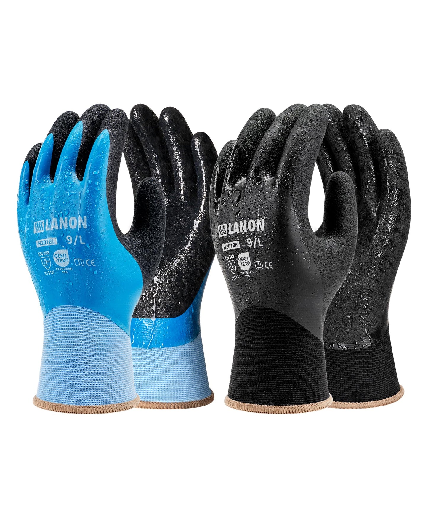 LANON 2 Pairs Waterproof Work Gloves for Men and Women,Double Rubber Coated for Gardening, Outdoor Construction,Car & Fish Cleaning, Non-Slip Grip, Elastic Cuff, Blue&Black,Medium