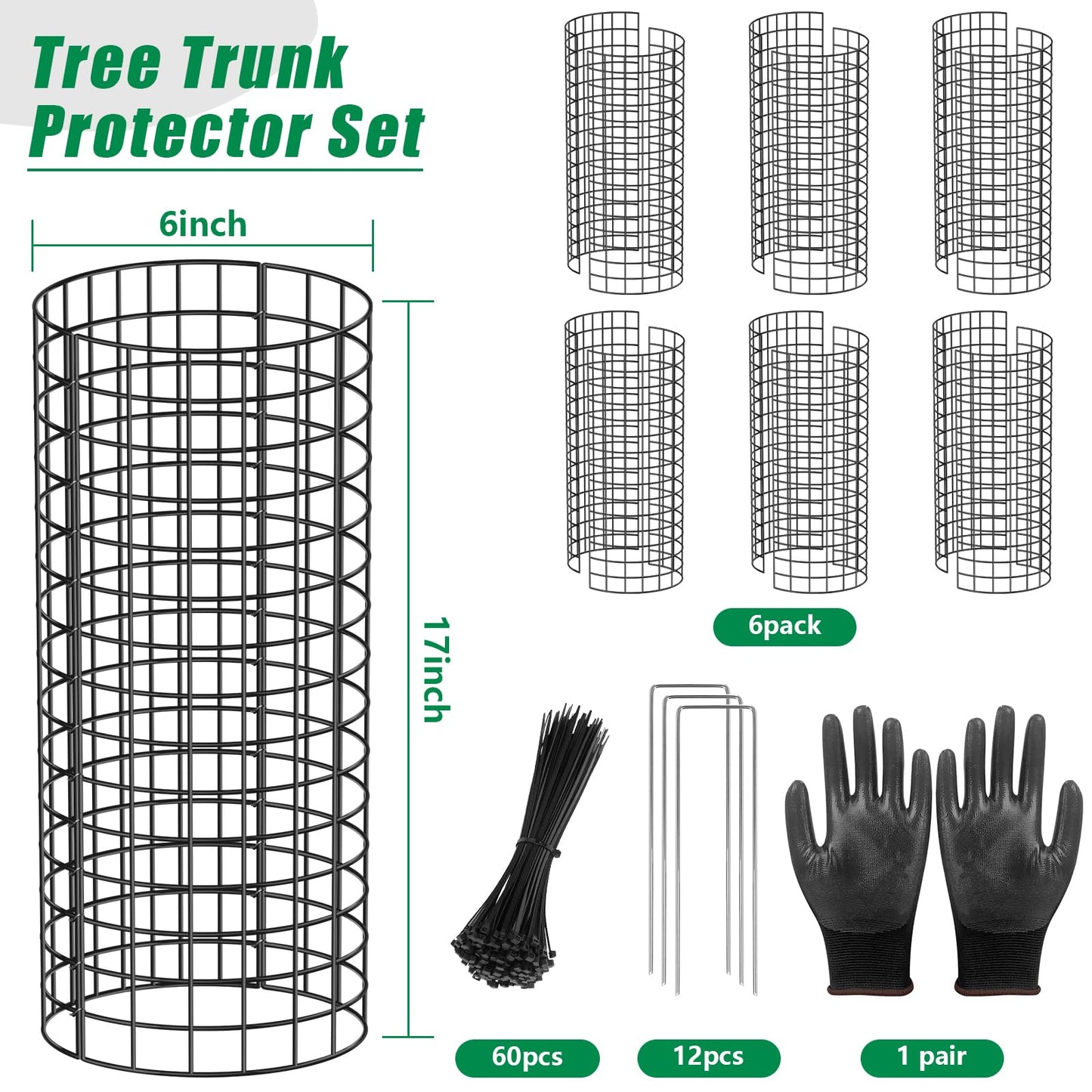 UQM Tree Trunk Protector, 12 Pcs Metal Tree Guards Trunk Protector with Glove & Metal Stakes & Zip Ties, 6 Pack Mesh Tree Bark Protector, Plant Protectors from Deer Animals Mowers Trimmers