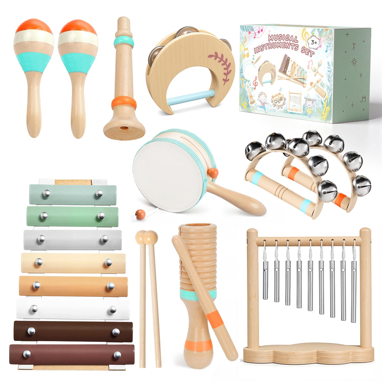 Wooden Musical Instruments for Toddlers 1-3, Montessori Percussion Set with Xylophone, Natural Music Education Toys for Baby 12-18 Months