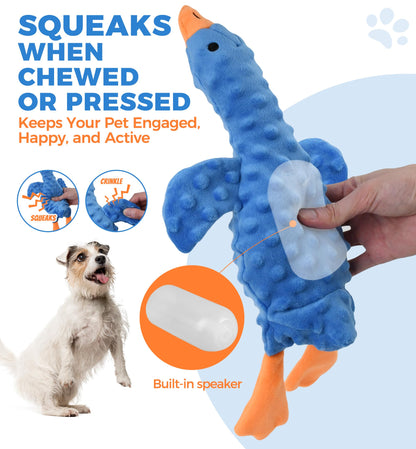 IPTPAS Squeaky Plush Dog Toy for All Breeds, Multifunctional Goose Dog Toy with Honking Sound, Crinkle Paper, Treat Pocket, Durable Soft Stuffed Animal for Chewing, Cuddling, Interactive Play (Blue)