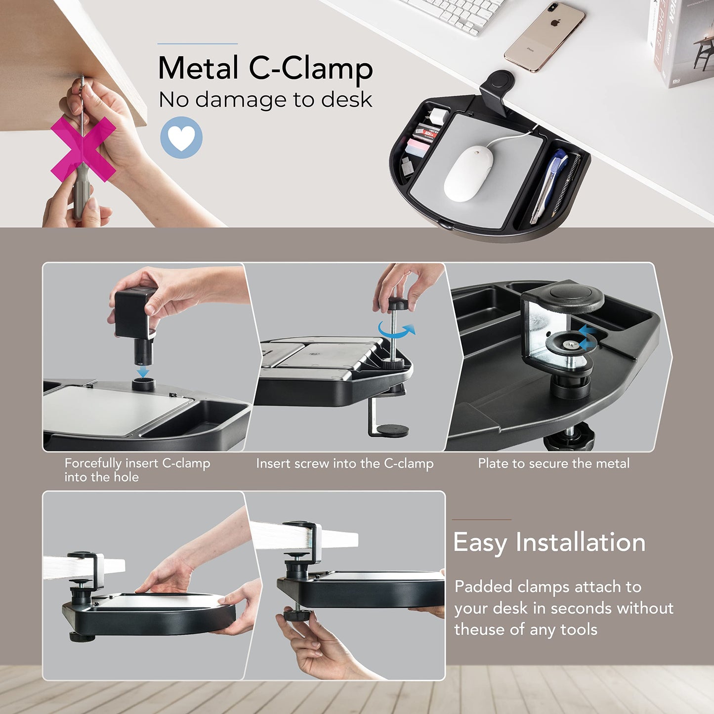 EHO Clamp-On Desk Organizer, Multifunctional with Pencil Drawer, Mouse Pad Storage, Swivel, Spill-Proof, Under Desk Storage, Easy Installation, Reduces Clutter, TAA-Compliant