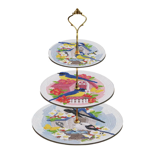 Three-Tier Diamond Painting Wooden Cake Stand DIY Sunflower Diamond Painting Cupcake Towel-Lined Tiered Tray Reusable Pastry Stand (Little Bird)