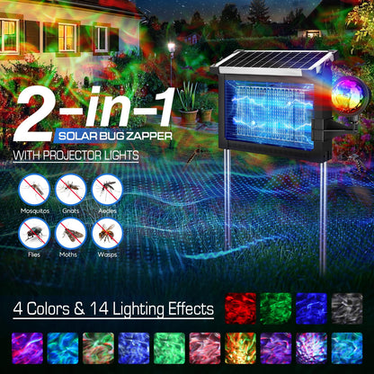 Solar Bug Zapper Outdoor with Projector Lights, 4500V Waterproof Mosquito Zapper, Dual Solar & USB Rechargeable, Smart Dusk to Dawn, Cordless Insect Killer for Patio, Garden, Backyard, Camping