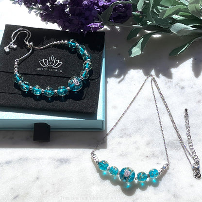 ARTSY CRAFTS INC Glow in The Dark Firefly Beads Bracelets Necklaces, Murano Glass Beads Crystal Birthstone Beaded Jewelry Adjustable Slider Chain (Bracelet-Teal)