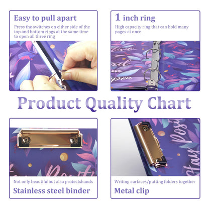 3 Ring Binder with Clipboard with 50 Sheet Protectors 8.5 x 11 inch, 2 Pockets Purple 3 Ring Binder (11" x 8.5") Folders with Tab Dividers for Women School Office Supplies Portfolio (Purple)