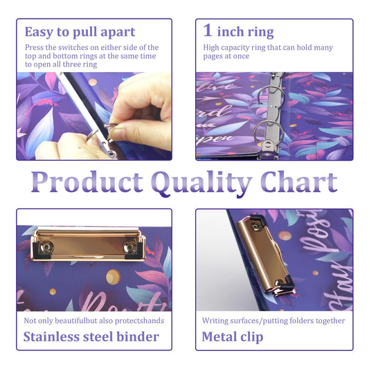 3 Ring Binder with Clipboard with 50 Sheet Protectors 8.5 x 11 inch, 2 Pockets Purple 3 Ring Binder (11" x 8.5") Folders with Tab Dividers for Women School Office Supplies Portfolio (Purple)
