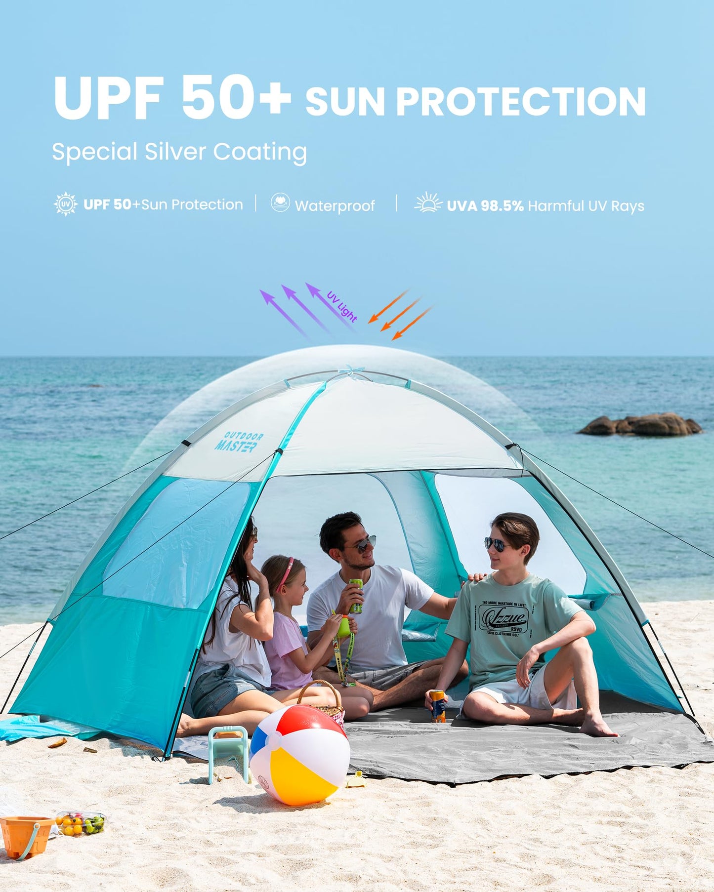 OutdoorMaster Beach Tent for 3/4 Person - Easy Setup Sun Shade Shelter, Portable Beach Shade Sun Canopy with UPF 50+ UV Protection, Removable Skylight Family Size - 4 Person Olive Green