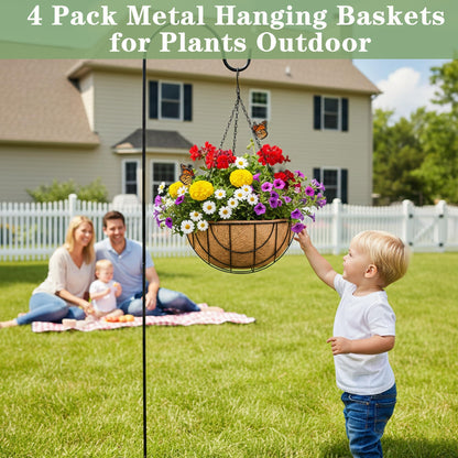 EIMQUVW Outdoor Metal Hanging Planters Basket (4pack, 14 inch) Hanging Baskets for Plants Chain Round Wire Plant Holder with Coco Fiber Liners for Garden, Patio, Deck, Porch(Grid)