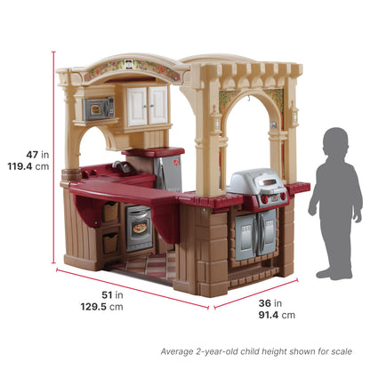 Step2 Grand Walk-In Kitchen & Grill Kids Playset, Indoor/Outdoor Kitchenette, Interactive Play with Lights and Sounds, Durable Plastic, 103 Piece Toy Accessories, Toddlers 2+ Years Old, Brown/Tan