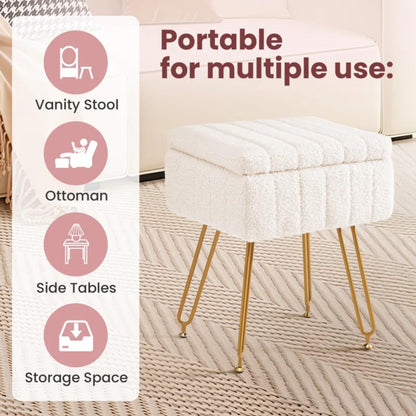 CLICKBIN 16" Teddy Fabric Storage Ottoman, Plush Vanity Stool with Hidden Storage for Bedroom, Living Room, Beige