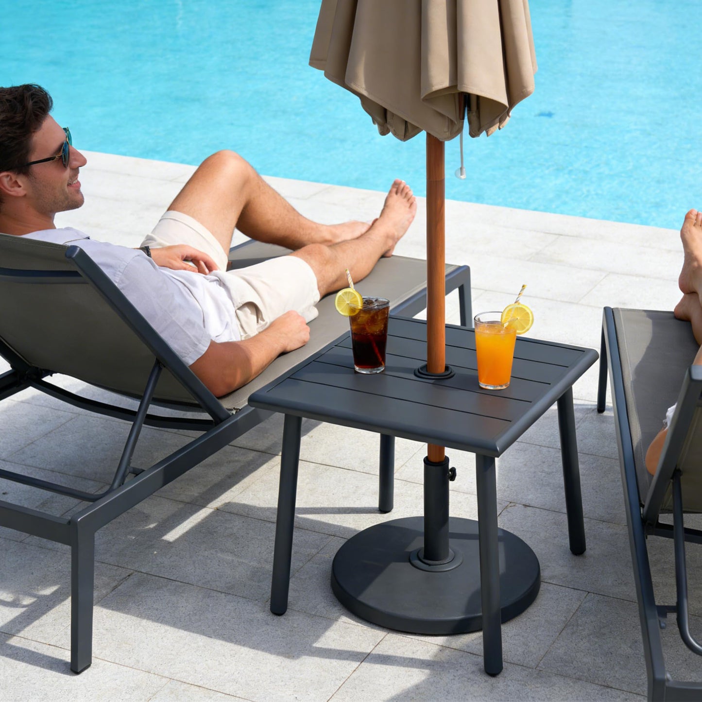 UFavo Home Small Metal Outdoor Side Table with Umbrella Hole Set of 2, Sqaure Patio Coffee Bistro Table End Table, Umbrella Table with Hole for Poolside Yard Porch Deck Balcony,19.7x19.7 inches, Black