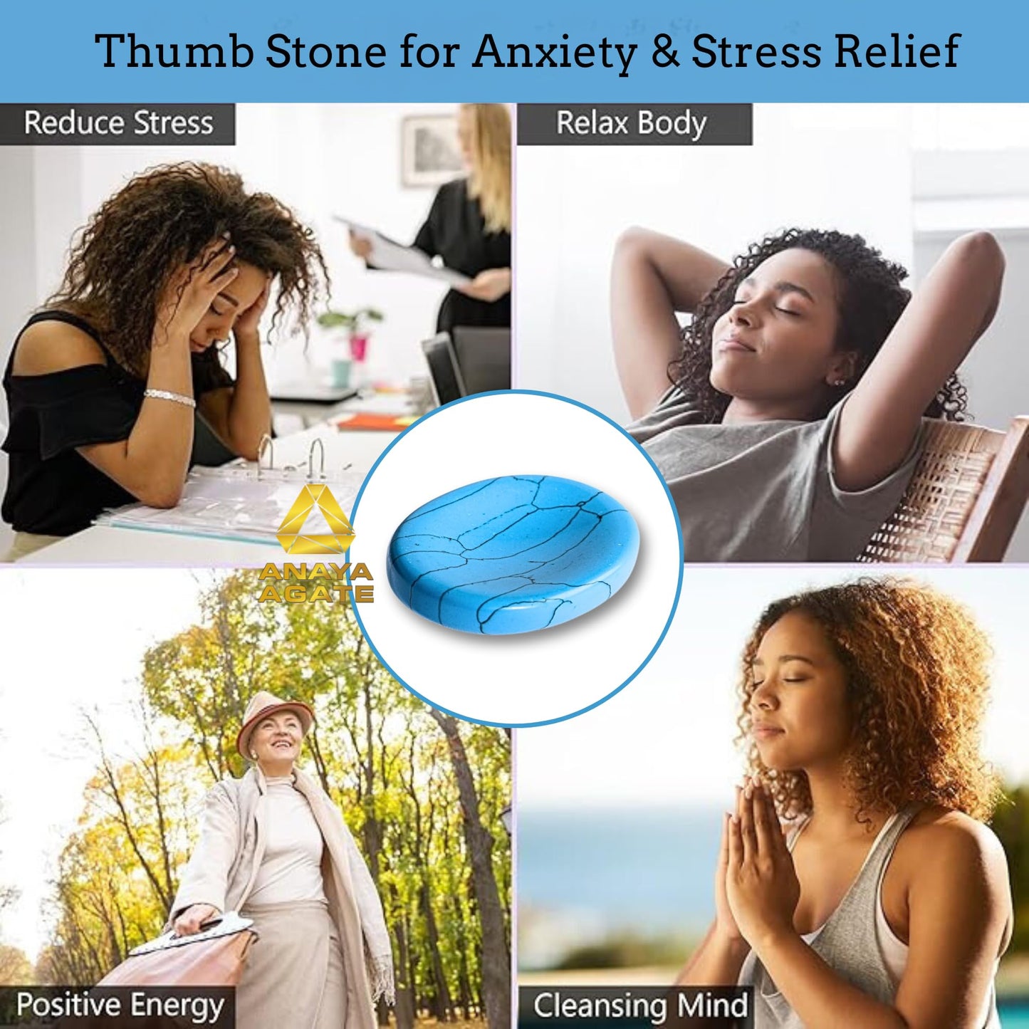 Anaya Agate Turquoise Howlite Worry Stones Certified Crystal Thumb Worry Stone for Anguish, Relaxing and Soothing Balance Stones for Meditation, Stress Relief Crystals and Healing Stones for Men Women