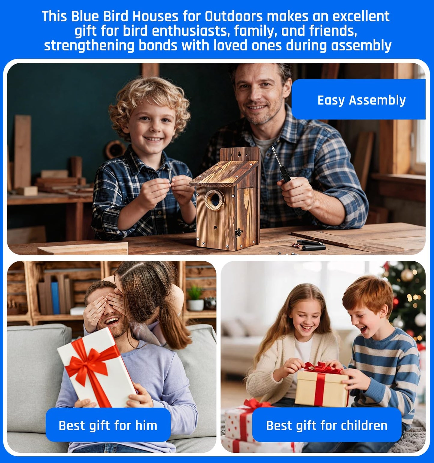 Zxweqr Natural Wood Birdhouse for Outside, Wooden Nesting Box with Circular Entrance Hole and Perch， Blue Bird Houses for Outdoors with Clear View Panel & Predator Guard for Blue Robin, Wren, Swallow