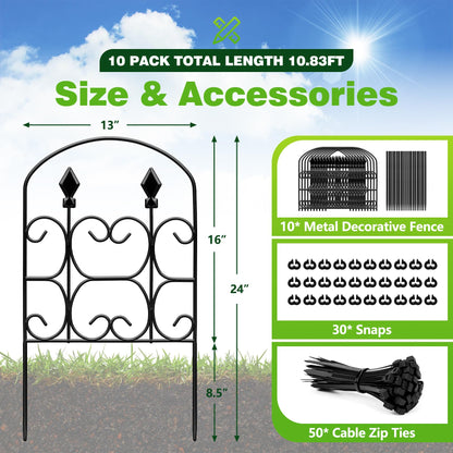 QIAOKAIYAN 24in(H) x 10.83ft(L) Decorative Garden Fence - Tall Garden Fence Animal Barrier 10 Pack Metal Fence Border Black No Dig Fence Panels Garden Fencing Border for Landscape Patio Yard Outdoor