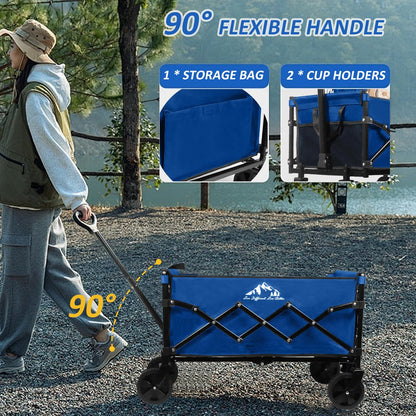 VOYSIGN Collapsible Wagon Folding Utility Cart, Beach Wagon 352LBS Heavy-Duty with Adjustable Handles, 5" Quiet Swivel Wheels, Lightweight (11lbs) for Groceries, Camping, Moving, Blue
