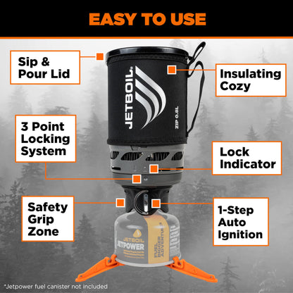 Jetboil Zip 0.8L Portable Fast Boil Stove with Easy-Turn Knob Igniter for Backpacking and Camping, Propane/Isobutane Burner with Cooking Cup, Carbon
