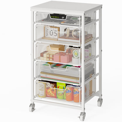 Sbanmao Utility Cart with 5 Drawers, Rolling Storage Cart with Wooden Tabletop and Lockable Wheels, Storage Drawer Cart with Drawers, Craft Cart for Bedroom, Classroom, Home, Office, White