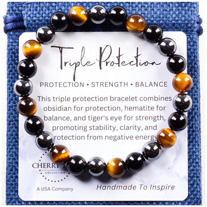 Cherry Tree Collection Triple Protection Bracelet – Handmade Healing Crystal Bracelet with Tiger’s Eye, Black Obsidian & Hematite – 8mm Natural Gemstone Beaded Bracelet for Men & Women – (Small)