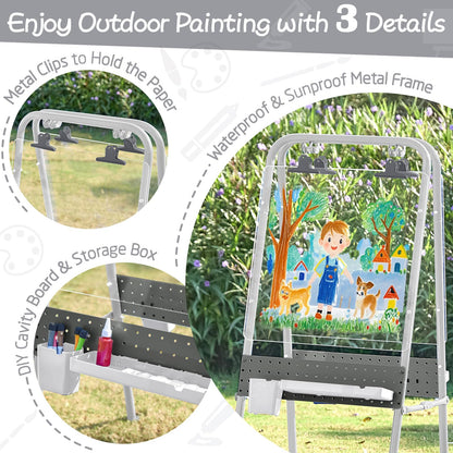 FUNLIO 2-in-1 Outdoor Easel for Kids Ages 3+, Foldable Waterproof & Sunproof Toddler Easel, Double-Sided Kids Art Easel with 2 Acrylic Boards & 20+ Accessories, Portable and Stable - Grey