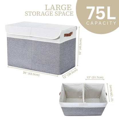 DECOMOMO Large Toy Storage Box with Lid - 25L x 12W x 16H inches Toy Chest Storage Bin with Divider for Kids, Nursery, Playroom (Grey & White)