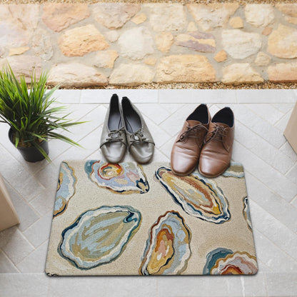 JINYO Coastal Beach Door Mat, Oyster Door Mat Indoor Outdoor Entrance Entryway Porch, Ocean Coastal Nautical Bath Mats for Bathroom, Beachy Welcome Mats, 17x30 Inch