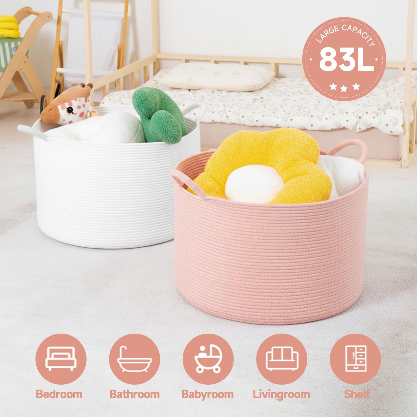 CLHMILY&Z Round Cotton Rope Storage Basket in Living Room, Bedroom, Laundry Room for Toy, Clothes, Blanket, Pillow (Pink, XLarge(14.2"x22"))